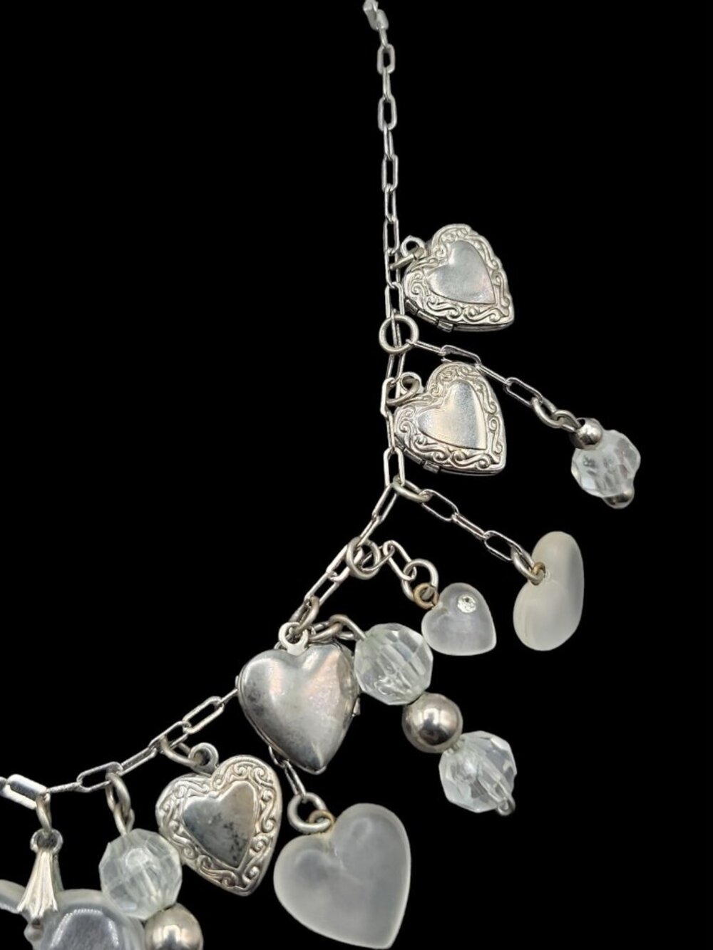 Love Choker Necklace 16" Frost Glass 8 Silver Plated Double Photo Locket Charms - Picture 11 of 15